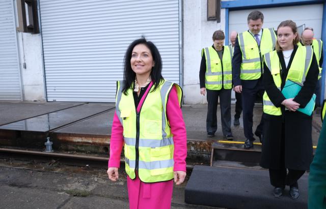 11 February 2026, Saxony-Anhalt, Halle (Saale): German Minister for Economic Affairs Katherina Reiche walks across the premises of Maschinenbau und Service GmbH. Photo: Sebastian Willnow/dpa