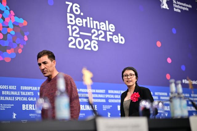 12 February 2026, Berlin: Director and lead actress of No Good Men Shahrbanoo Sadat (R) and actor Anwar Hashimi arrive for a press conference for the film No Good Men (Berlinale Special Gala). The 76th Berlin International Film Festival will take place from February 12 to 22, 2026. Photo: Sebastian Christoph Gollnow/dpa
