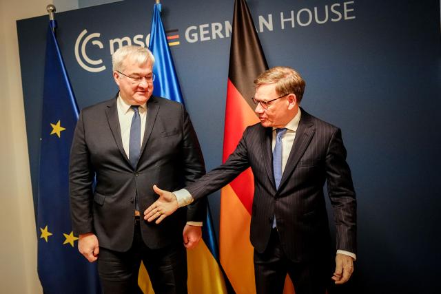13 February 2026, Bavaria, Munich: Johann Wadephul (R), Germany's Foreign Minister, welcomes Andrij Sybiha, Ukraine's Foreign Minister, to the 62nd Munich Security Conference (MSC). Photo: Kay Nietfeld/dpa