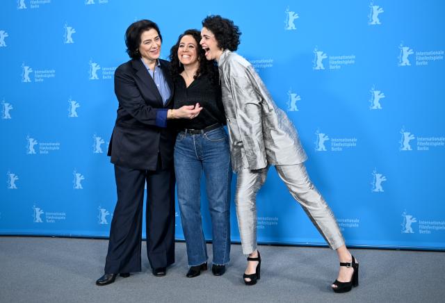 13 February 2026, Berlin: (L-R) Actress Hiam Abbas, director Leyla Bouzid, and actress Eva Bouteraa attend the photocall for the film In a Whisper (À voix basse) at the 76th Berlin International Film Festival, taking place from February 12 to 22, 2026. Photo: Britta Pedersen/dpa