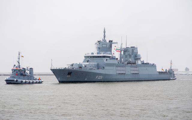 13 February 2026, Lower Saxony, Wilhelmshaven: The frigate 'Nordrhein-Westfalen' (F 223) leaves port at the naval base for a mission lasting several months. The crew assists with maritime surveillance off the Lebanese coast and trains the Lebanese navy as part of the UNIFIL mission. Photo: Hauke-Christian Dittrich/dpa