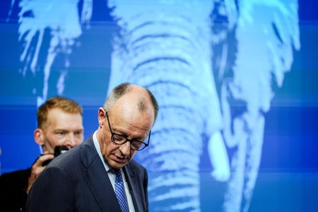 13 February 2026, Bavaria, Munich: German Chancellor Friedrich Merz attends the opening of the 62nd Munich Security Conference in front of a projection of an elephant. The event will host over 60 heads of state and government-the highest number ever at the world's leading security policy meeting. Photo: Kay Nietfeld/dpa