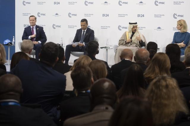 13 February 2026, Bavaria, Munich: (R-L) Kaja Kallas, EU High Representative for Foreign Affairs, Prince Faisal bin Farhan Al Saud, Saudi Foreign Minister, Pedro Arnulfo Sanchez Suarez, Colombian Minister of Defense, and Michael Waltz, US Ambassador to the United Nations attend the 62nd Munich Security Conference at the Bayerischer Hof Hotel. Photo: Marijan Murat/dpa