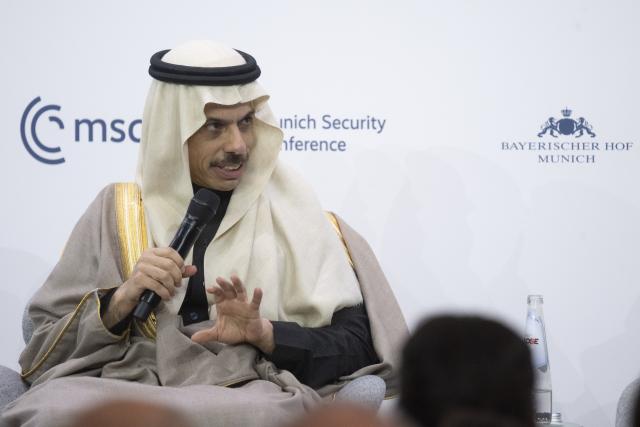 13 February 2026, Bavaria, Munich: Saudi Foreign Minister Faisal bin Farhan speaks during the 62nd Munich Security Conference at the Bayerischer Hof Hotel. Photo: Marijan Murat/dpa