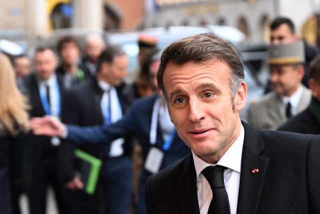 13 February 2026, Bavaria, Munich: French Preisdent Emmanuel Macron arrives to the 62nd Munich Security Conference at the Bayerischer Hof Hotel. Photo: Felix Hörhager/dpa