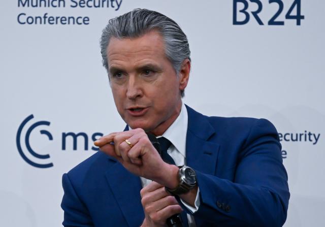 13 February 2026, Bavaria, Munich: Gavin Newsom, Governor of California speaks during the 62nd Munich Security Conference at the Bayerischer Hof Hotel. Photo: Sven Hoppe/dpa