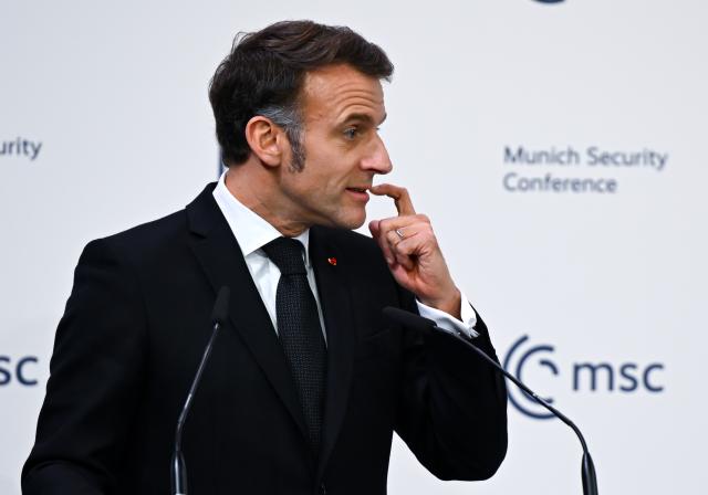 13 February 2026, Bavaria, Munich: French President Emmanuel Macron speaks during the 62nd Munich Security Conference at the Bayerischer Hof Hotel. Photo: Sven Hoppe/dpa