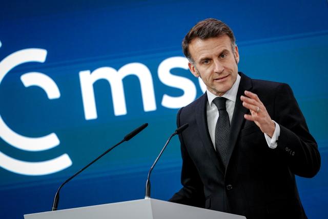 13 February 2026, Bavaria, Munich: French President Emmanuel Macron speaks during the 62nd Munich Security Conference at the Bayerischer Hof Hotel. Photo: Kay Nietfeld/dpa