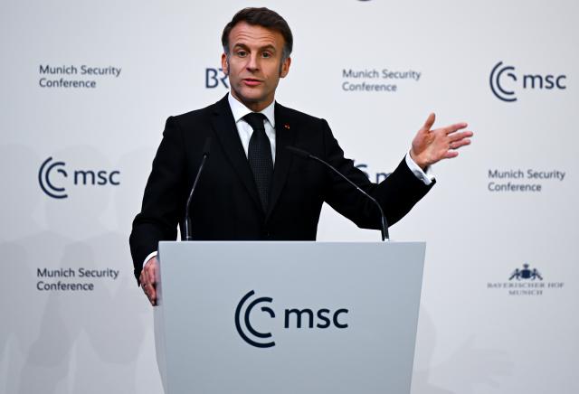 13 February 2026, Bavaria, Munich: French President Emmanuel Macron speaks during the 62nd Munich Security Conference at the Bayerischer Hof Hotel. Photo: Sven Hoppe/dpa