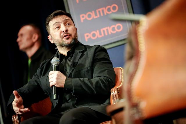 13 February 2026, Bavaria, Munich: Ukrainian President Volodymyr Zelensky, speaks with a journalist at Politico on the sidelines of the 62nd Munich Security Conference at the Bayerischer Hof Hotel. Photo: Kay Nietfeld/dpa
