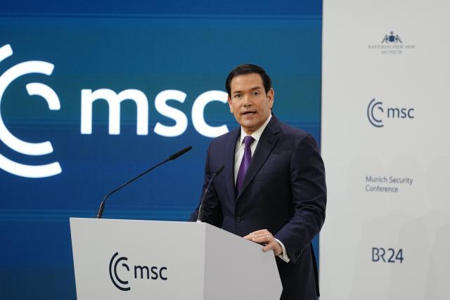 14 February 2026, Bavaria, Munich: US Secretary of State Marco Rubio speaks at the 62nd Munich Security Conference. Photo: Kay Nietfeld/dpa