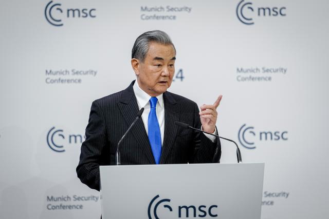 14 February 2026, Bavaria, Munich: Chinese Foreign Minister Wang Yi speaks at the 62nd Munich Security Conference. Photo: Kay Nietfeld/dpa