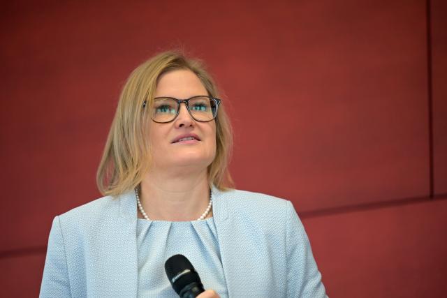 14 February 2026, Bavaria, Munich: Katrin Ebner-Steiner, chairwoman of the Alternative for Germany (AfD) parliamentary group in the Bavarian State Parliament, sits in her seat at the AfD parliamentary group's morning pint in the Bavarian state parliament. Photo: Malin Wunderlich/dpa