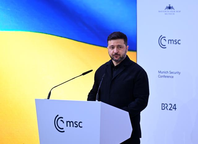 14 February 2026, Bavaria, Munich: Volodymyr Zelensky, Ukraine's President, speaks at the 62nd Munich Security Conference. Photo: Sven Hoppe/dpa