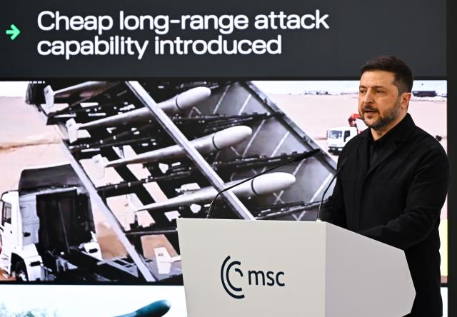 14 February 2026, Bavaria, Munich: Volodymyr Zelensky, Ukraine's President, speaks at the 62nd Munich Security Conference. Photo: Sven Hoppe/dpa