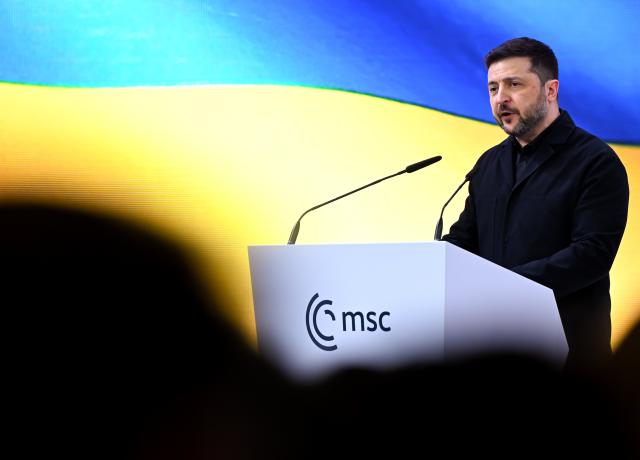 14 February 2026, Bavaria, Munich: Volodymyr Zelensky, Ukraine's President, speaks at the 62nd Munich Security Conference. Photo: Sven Hoppe/dpa