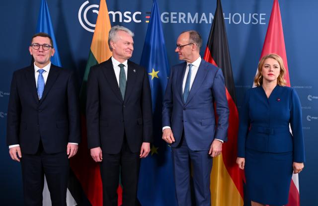 14 February 2026, Bavaria, Munich: (L-R) Kristen Michal, Estonia's Prime Minister, Gitanas Nauseda, Lithuania's President, German Chancellor Friedrich Merz, and Evika Silina, Latvia's Prime Minister, meet for talks at the 62nd Munich Security Conference (MSC). Photo: Sven Hoppe/dpa-Pool/dpa
