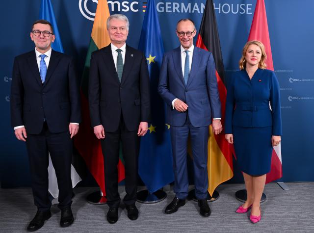 14 February 2026, Bavaria, Munich: (L-R) Kristen Michal, Estonia's Prime Minister, Gitanas Nauseda, Lithuania's President, German Chancellor Friedrich Merz, and Evika Silina, Latvia's Prime Minister, meet for talks at the 62nd Munich Security Conference. Photo: Sven Hoppe/dpa-Pool/dpa