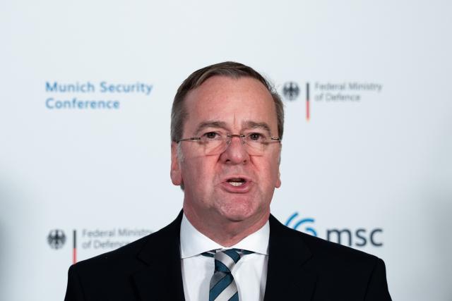 14 February 2026, Bavaria, Munich: German Defence Secretary Boris Pistorius speaks during a signing ceremony on the sidelines of the Munich Security Conference (MSC). Photo: Michael Bihlmayer/action press-Pool/dpa