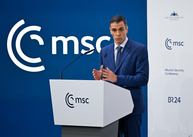 14 February 2026, Bavaria, Munich: Spain's Prime Minister Pedro Sanchez Perez-Castejon speaks during the 62nd Munich Security Conference (MSC). Photo: Sven Hoppe/dpa