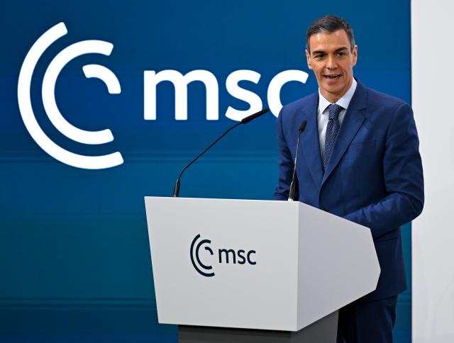 14 February 2026, Bavaria, Munich: Spain's Prime Minister Pedro Sanchez Perez-Castejon speaks during the 62nd Munich Security Conference (MSC). Photo: Sven Hoppe/dpa