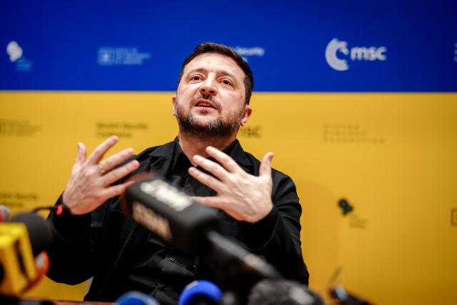 14 February 2026, Bavaria, Munich: Volodymyr Zelensky, President of Ukraine, gives a press conference on the sidelines of the 62nd Munich Security Conference (MSC). Photo: Kay Nietfeld/dpa