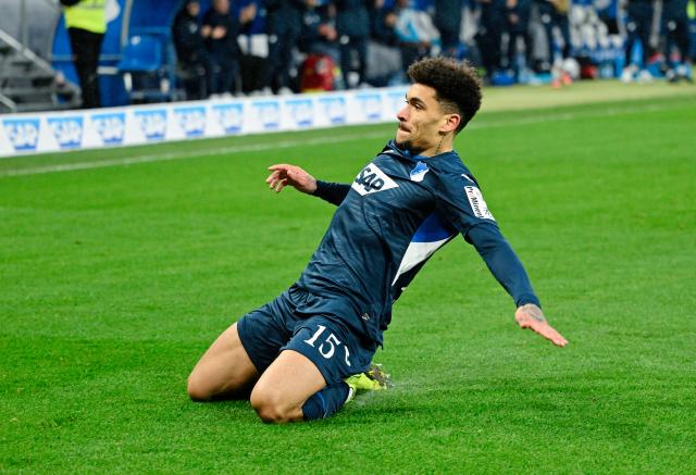 14 February 2026, Baden-Württemberg, Sinsheim: Hoffenheim's Valentin Gendrey celebrates scoring his side's third goal during the German Bundesliga soccer match btween TSG 1899 Hoffenheim and SC Freiburg at PreZero Arena. Photo: Uwe Anspach/dpa - IMPORTANT NOTE: In accordance with the regulations of the DFL German Football League and the DFB German Football Association, it is prohibited to utilize or have utilized photographs taken in the stadium and/or of the match in the form of sequential images and/or video-like photo series.