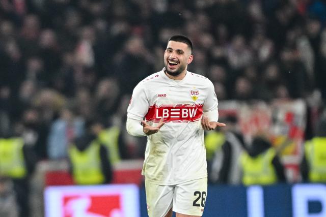 14 February 2026, Baden-Württemberg, Stuttgart: Stuttgart's  Deniz Undav celebrates scoring his side's third goal during the German Bundesliga soccer match between VfB Stuttgart and 1. FC Cologne at MHPArena. Photo: Harry Langer/dpa - IMPORTANT NOTE: In accordance with the regulations of the DFL German Football League and the DFB German Football Association, it is prohibited to utilize or have utilized photographs taken in the stadium and/or of the match in the form of sequential images and/or video-like photo series.