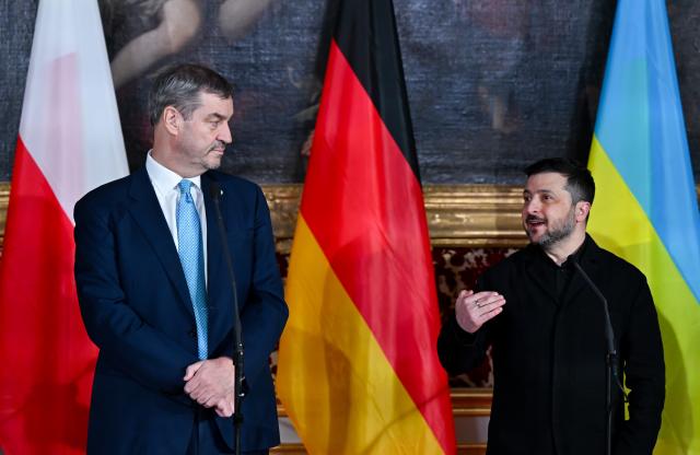 14 February 2026, Bavaria, Munich: Ukrainian President Volodymyr Zelensky and Bavarian Minister President Markus Soeder attend the Ewald von Kleist Prize award ceremony on the sidelines of the 62nd Munich Security Conference (MSC). The prize is awarded this year to the Ukrainian people. Photo: Sven Hoppe/dpa