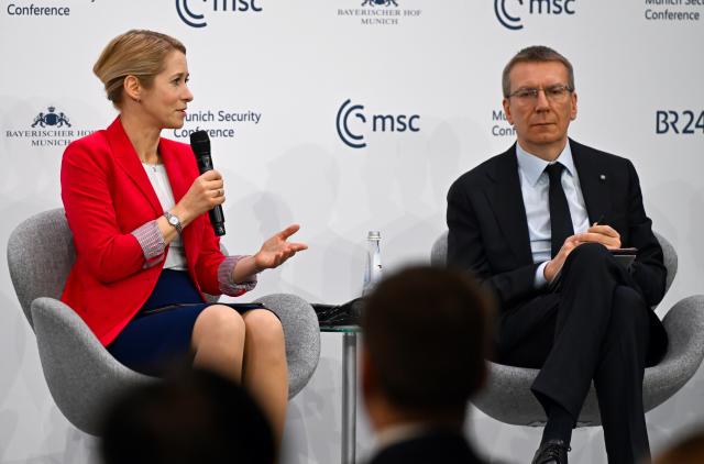 15 February 2026, Bavaria, Munich: Kaja Kallas (L), EU High Representative for Foreign Affairs, and Edgars Rinkevics, President of Latvia, take part in the Munich Security Conference. Photo: Sven Hoppe/dpa
