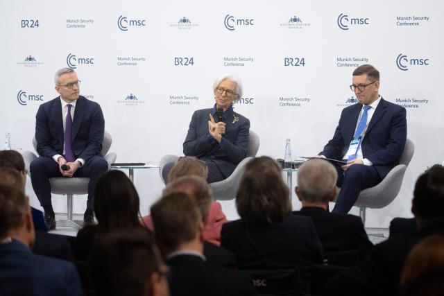 15 February 2026, Bavaria, Munich: Karsten Wildberger (l-r), Federal Minister for Digital and State Modernization. Christine Lagarde, President of the European Central Bank, and Kristen Michal, Prime Minister of Estonia, take part in the 62nd Munich Security Conference. Photo: Marijan Murat/dpa
