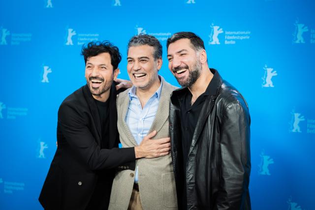 15 February 2026, Berlin: Cast of Kurtulus (l-r) Feyyaz Duman, Caner Cindoruk,and Berkay Ates,  attend the photocall of the film "Kurtulus". Photo: Christoph Soeder/dpa