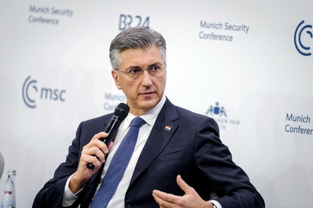 15 February 2026, Bavaria, Munich: Andrej Plenkovic, Prime Minister of Croatia, takes part in a panel at the end of the Munich Security Conference (MSC) at the Hotel Bayrischer Hof. The MSC is considered the most important expert meeting for security policy worldwide. Photo: Kay Nietfeld/dpa
