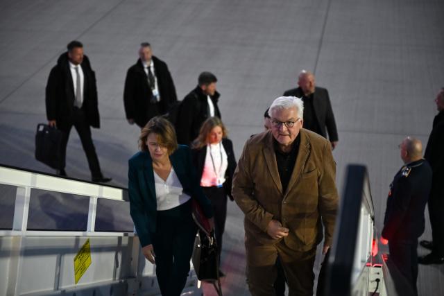 15 February 2026, Brandenburg, Schoenefeld: German President Frank-Walter Steinmeier (R) and his wife Elke Buedenbender board a German Armed Forces aircraft at the military section of Berlin Brandenburg Airport to fly to Beirut. Photo: Markus Lenhardt/dpa