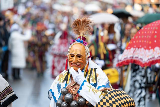 16 February 2026, Baden-Württemberg, Rottweil: A bite, a Rottweiler jester figure, during the Narrensprung. The Rottweiler Narrensprung is one of the highlights of the Swabian-Alemannic carnival. Photo: Silas Stein/dpa