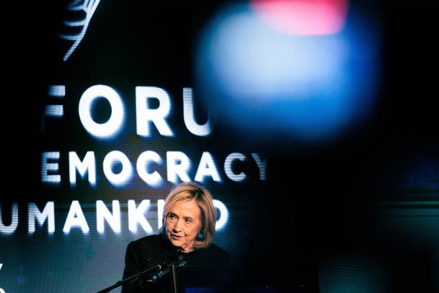 16 February 2026, Berlin: Hillary Clinton, former US Secretary of State, speaks at the opening of "The World Forum 2026" under the title "Will democracy. Will humankind. Will the planet survive?" at the Hotel Adlon Kempinski. Photo: Carsten Koall/dpa