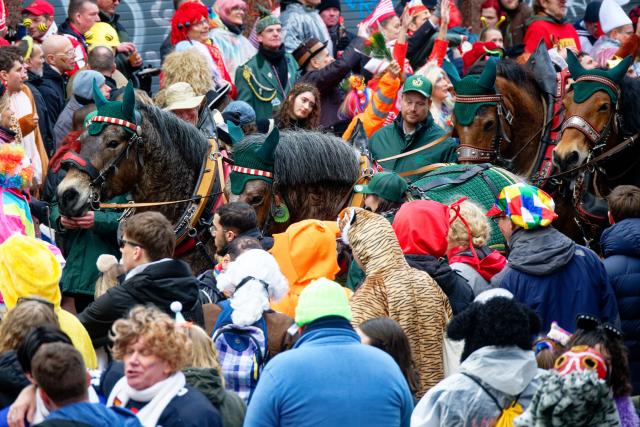 16 February 2026, North Rhine-Westphalia, Cologne: Horses pull a wagon during the Rose Monday parade in Cologne. Photo: Henning Kaiser/dpa