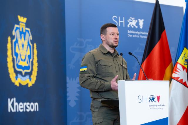 17 February 2026, Schleswig-Holstein, Kiel: Cherson Governor Oleksandr Prokudin holds a press conference with Schleswig-Holstein Minister-President Daniel Günther as part of the security conference "Learning from Ukraine." Photo: Ulrich Perrey/dpa