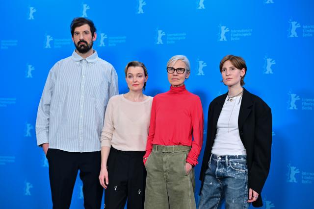 17 February 2026, Berlin: (L-R) Serbian actor Vladimir Vulevic, German actress Birte Schnoeink, German director Angela Schanelec and French actress Agathe Bonitzer pose in front of the photo wall during the photocall for the film "My Wife Cries" (Competition) at the 76th Berlin International Film Festival (February 12-22, 2026). Photo: Sebastian Christoph Gollnow/dpa