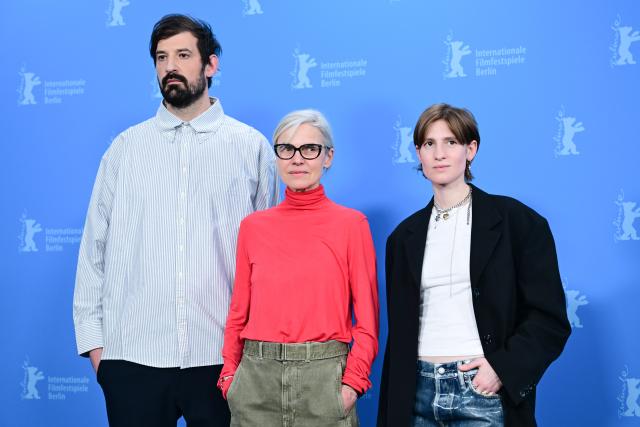 17 February 2026, Berlin: (L-R) Serbian actor Vladimir Vulevic, German director Angela Schanelec and French actress Agathe Bonitzer pose in front of the photo wall during the photocall for the film "My Wife Cries" (Competition) at the 76th Berlin International Film Festival (February 12-22, 2026). Photo: Sebastian Christoph Gollnow/dpa