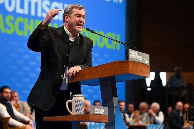 18 February 2026, Bavaria, Passau: Markus Soeder, Minister President of Bavaria and Christian Socila Union (CSU) leader, speaks during the CSU's political Ash Wednesday. Photo: Sven Hoppe/dpa