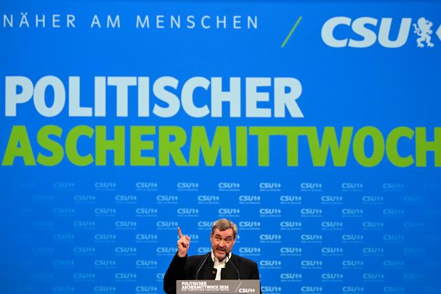 18 February 2026, Bavaria, Passau: Markus Soeder, Minister President of Bavaria and Christian Social Union (CSU) leader, speaks during the CSU's political Ash Wednesday. Photo: Sven Hoppe/dpa