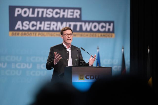 18 February 2026, Baden-Württemberg, Fellbach: Manuel Hagel, top candidate of the Christian Democratic Union (CDU) for the state elections in Baden-Wuerttemberg, speaks during the political Ash Wednesday of the CDU Baden-Wuerttemberg. Photo: Marijan Murat/dpa