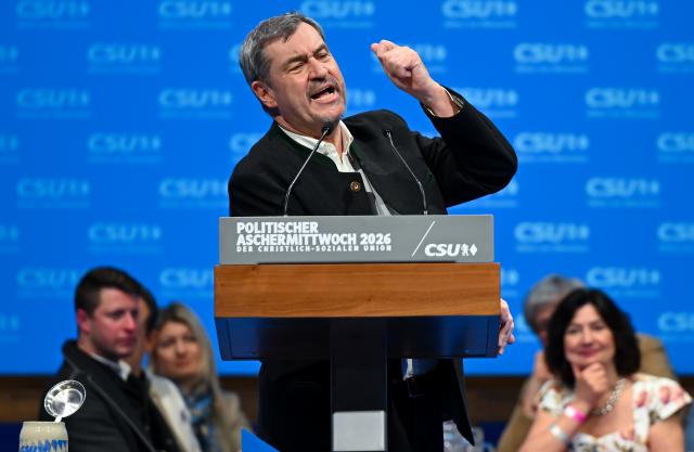 18 February 2026, Bavaria, Passau: Markus Soeder, Minister President of Bavaria and Christian Socila Union (CSU) leader, speaks during the CSU's political Ash Wednesday. Photo: Sven Hoppe/dpa