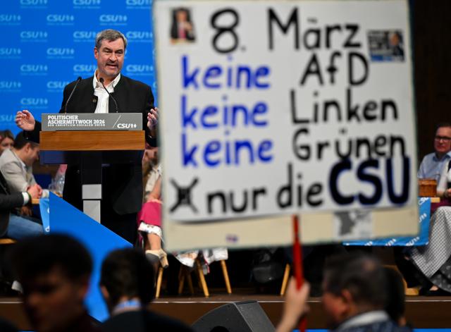 18 February 2026, Bavaria, Passau: Markus Soeder, Minister President of Bavaria and Christian Socila Union (CSU) leader, speaks during the CSU's political Ash Wednesday. Photo: Sven Hoppe/dpa