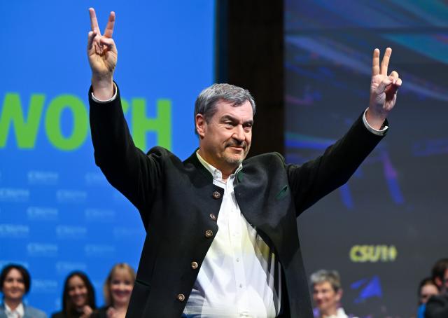 18 February 2026, Bavaria, Passau: Markus Soeder, Minister President of Bavaria and Christian Social Union (CSU) leader, gestures during the CSU's political Ash Wednesday. Photo: Sven Hoppe/dpa