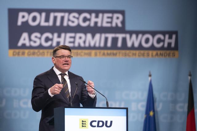 18 February 2026, Baden-Württemberg, Fellbach: Boris Rhein, Minister President of Hesse, speaks at the political Ash Wednesday of the Christian Democratic Union (CDU) Baden-Wuerttemberg. Photo: Marijan Murat/dpa