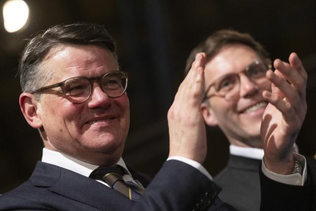 18 February 2026, Baden-Württemberg, Fellbach: Boris Rhein (L), Minister President of Hesse, and Manuel Hagel, top candidate of the Christian Democratic Union (CDU) for the state elections in Baden-Wuerttemberg, take part in the political Ash Wednesday of the CDU Baden-Wuerttemberg. Photo: Marijan Murat/dpa
