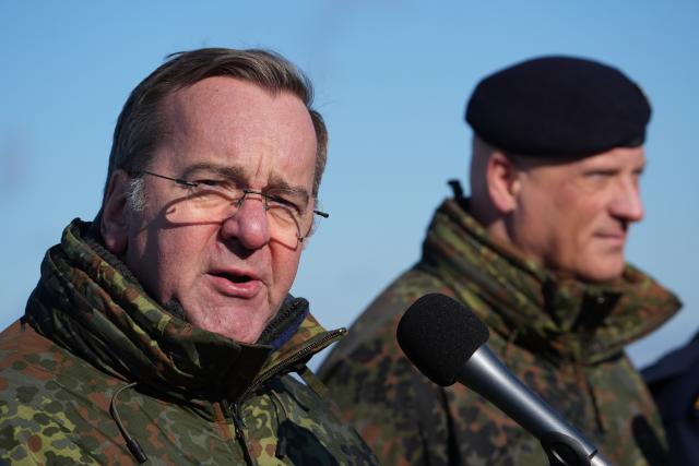 18 February 2026, Schleswig-Holstein, Putlos: Boris Pistorius (L), German Minister of Defense, speaks alongside NATO General Ingo Gerhartz, Commander Allied Joint Force Command Brunssum (JFC Brunssum), after the Nato manoeuvre Steadfast Dart at the military training area on the Baltic Sea coast. Photo: Marcus Brandt/dpa