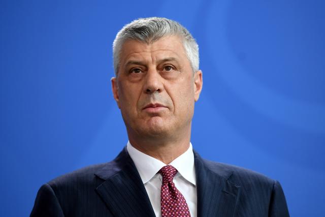 FILED - 09 May 2018, Berlin: Then Kosovo President Hashim Thaci speaks during a press conference in Berlin. Former Kosovo president Hashim Thaçi has firmly rejected accusations of war crimes. Photo: Britta Pedersen/dpa